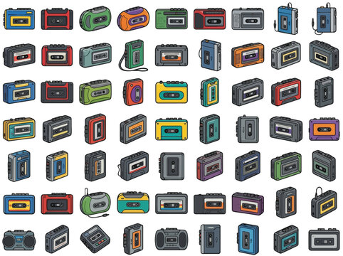 Retro portable cassette player icon set. Colorful vintage walkman and audio tape recorder vector collection.