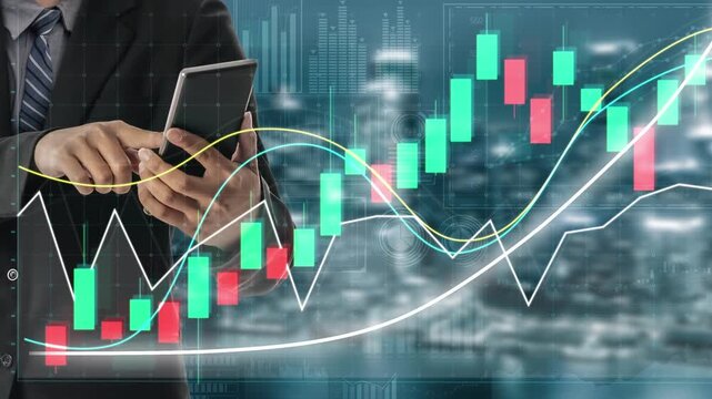 A professional engaged in stock market analysis using a smartphone, surrounded by digital graphs and trends, representing modern financial strategies and data insights. Copula