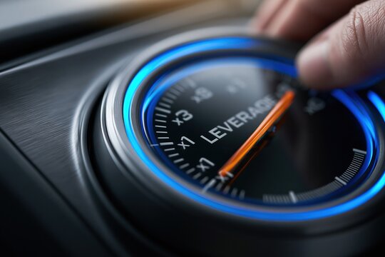 Close-up of a hand adjusting a dial labeled leverage on a futuristic control panel with glowing blue accents and orange needle