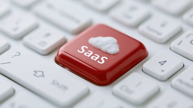 Close-up of a red keyboard key labeled SaaS with a small cloud model representing software as a service technology concept