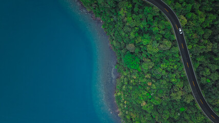 Fototapeta premium Top view aerial shot of a white car driving on a coastal road between lush green forest and turquoise ocean water, concept of scenic nature landscape representing travel and exploration. 