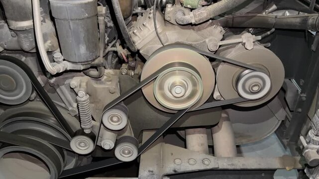 A detailed close‑up of the dual‑belt accessory drive system on commercial bus engine assembled in Egypt.