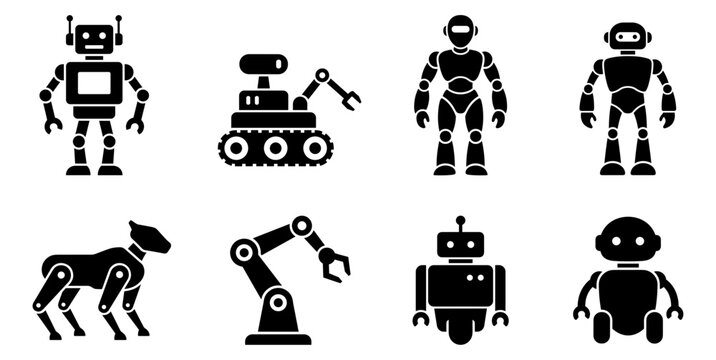 Set of black silhouette icons of different types of robots and automation devices