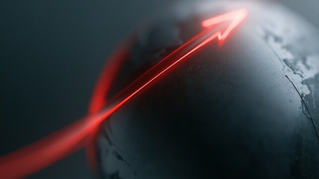 Close-up of a glowing red arrow pointing upwards on a dark textured globe surface against a shadowy background