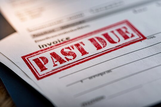 Close-up view of a white paper invoice document with a bold red past due stamp marking the text clearly visible on the page.