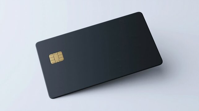 A sleek black credit card with a gold chip rests on a clean white surface, showcasing modern financial technology design.