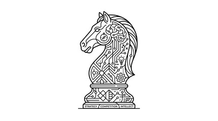 Minimalist chess knight icon with strategy, competition, and intelligence symbols in line art design © Ayat