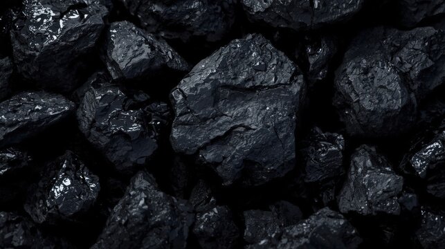 Close-Up Shiny Black Coal Chunks Texture &ndash; Raw Anthracite Fuel and Industrial Fossil Fuel Background

