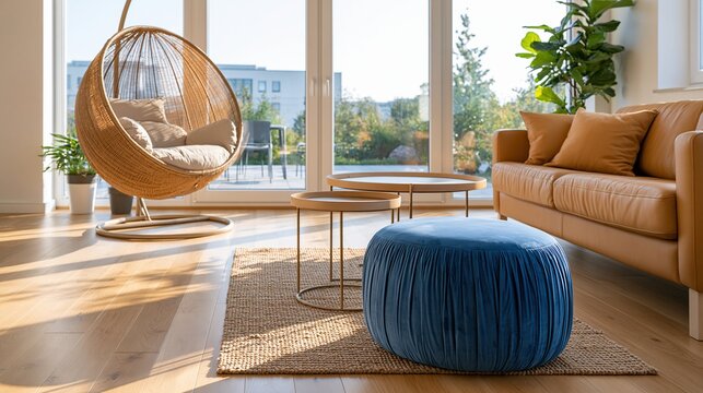 Modern living room interior featuring a wicker hanging chair, leather sofa, and blue ottoman bathed in warm sunlight.