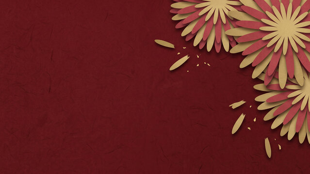 Papercraft Chrysanthemum Flowers on Dark Red Textured Background