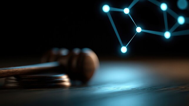 Wooden judge gavel resting on surface with glowing blue digital network nodes in background symbolizing law and technology.