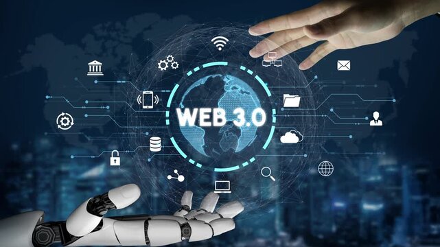 Futuristic Concept of Web 3.0 with Robotic Hand Reaching for Digital Connection on Global Network Interface at Night in Cityscape. Entropy.