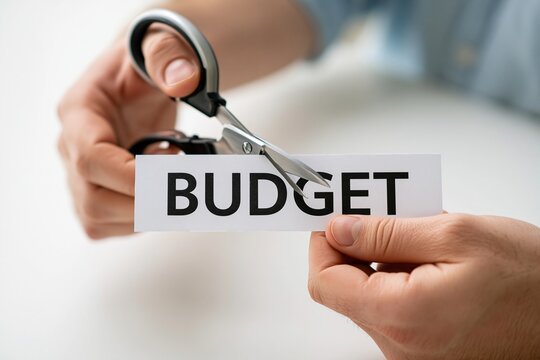 hands using scissors to cut a paper strip with the word budget written on it against white background