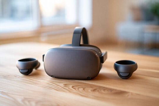 Gray virtual reality headset and controllers resting on wooden table near window with soft natural light