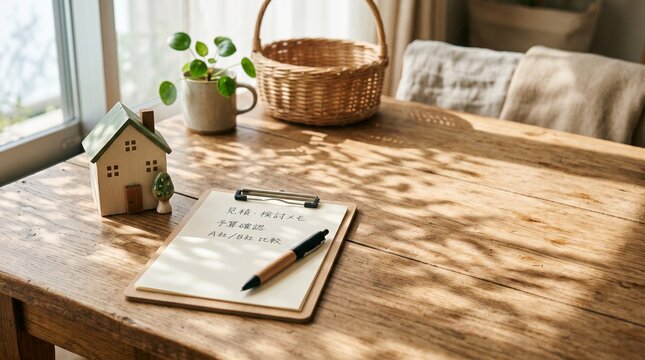 家づくりやリフォームの見積もり・予算検討をするデスク風景
マイホーム購入の予算検討と見積比較のメモ
木漏れ日が差し込むテーブルと住宅ローン・不動産検討のイメージ
住宅購入・注文住宅の比較検討をするライフスタイル画像