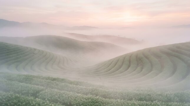 Soft, Misty Rolling Hills at Sunrise A Serene Landscape of Nature's Gentle Embrace