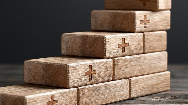 Stacked wooden blocks with plus signs arranged on a dark rustic table against a black background
