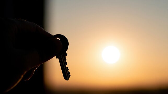Silhouette of a hand holding a key against the backdrop of a bright sun at sunset