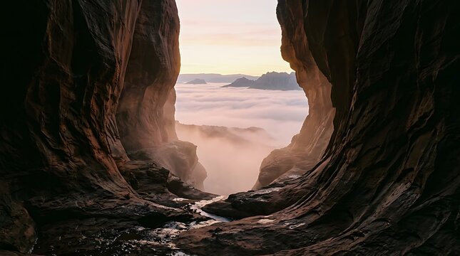 Dramatic mountain cave opening reveals a breathtaking vista of rolling clouds and distant peaks at sunrise
