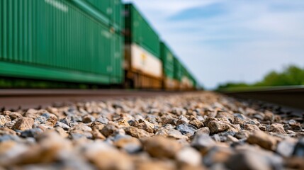 Fototapeta premium Low angle view of green cargo containers on a freight train moving along railway tracks over gravel ballast under blue sky