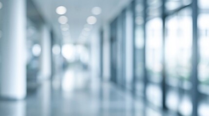 Fototapeta premium Abstract blurred view of a modern office corridor with glass walls and overhead lighting creating soft bokeh effects.