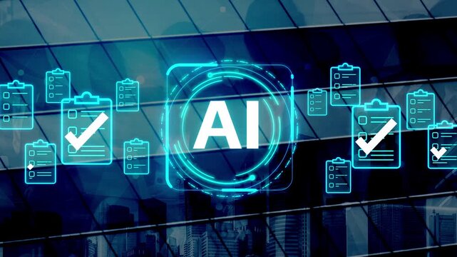 Digital Concept of Artificial Intelligence with Checkmarks Overlaid on Modern Building Windows Representing Innovation in Technology and Data Validation. Entropy.