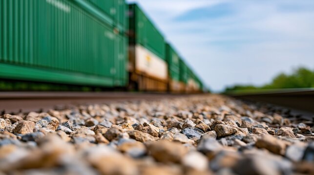 Low angle view of green cargo containers on a freight train moving along railway tracks over gravel ballast under blue sky