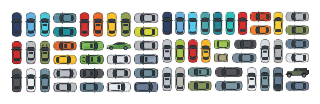 Top view car CAD symbols with color fills, flat vehicle blocks for architectural site plans, parking layouts, traffic planning, urban design and transportation diagrams.