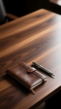 Professional leather notebook and pen on walnut desk, elegant executive stationery on wooden table, corporate office workspace