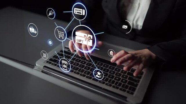 Digital gift card icons show e-commerce, payment, and digital gift card redemption. Digital gift card supports online shopping, secure payment, and customer loyalty programs. Funnel
