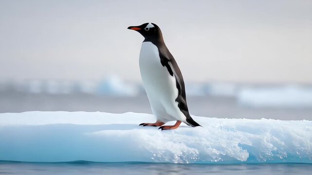 Gentoo penguin standing gracefully on a floating ice floe in Antarctica
