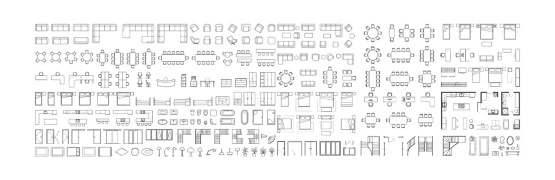 Architectural floor plan CAD symbol library, top view furniture, kitchen, bathroom, door and building layout blocks for interior design, space planning and construction drawings