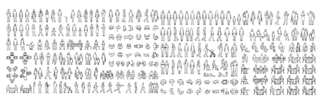 Top view people CAD symbols for architectural floor plans. Human figure blocks in plan view for interior layouts, site planning, landscape design, urban planning and technical drawings