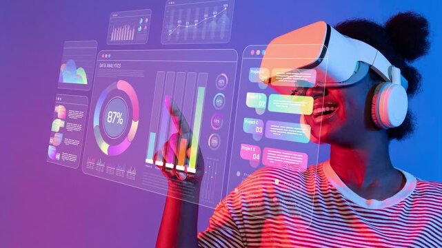 Young Woman Engaging with Futuristic Virtual Reality Dashboard Displaying Data Analysis Metrics and Graphical Visualizations in Modern Setting Sigmoid