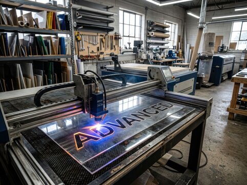 Advanced Laser Cutting Machine Engraving Text on Acrylic Sheet in Workshop.