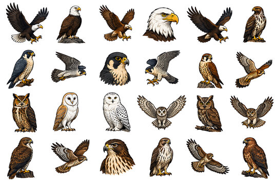 Set of vector birds of prey, eagles, falcons, owls, and hawks illustration