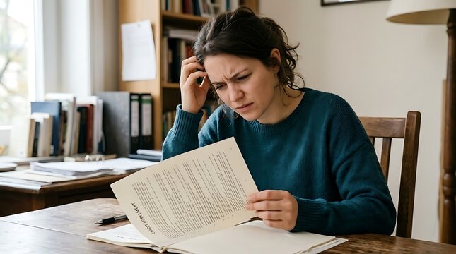 Stressed woman looks confused reading a complex credit agreement at her home desk