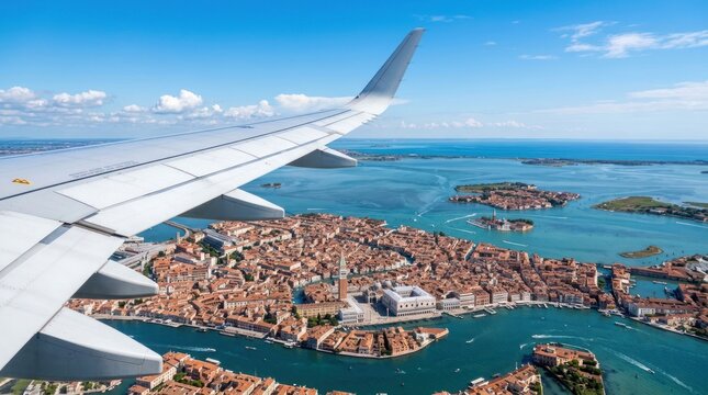 Aerial View of Venice from Airplane Window with Wing in Foreground.