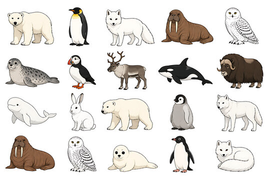 Set of cute arctic and polar animals vector illustration