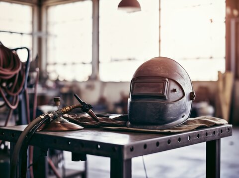 Welding station with helmet and torch in a bright workshop for skilled trades