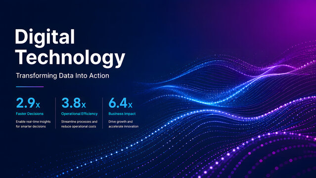 Digital technology banner displays glowing wave lines with data transformation metrics and text. Futuristic big data analytics vector concept. Ideal for corporate tech presentations.