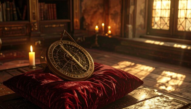 Intricate antique brass astrolabe resting on a plush red velvet cushion in a softly lit study with fireplace