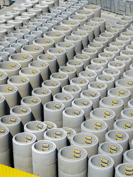 Aerial view of concrete manhole rings stacked in the Bruk-Bet production plant in Tarnow, Malopolskie, Poland.