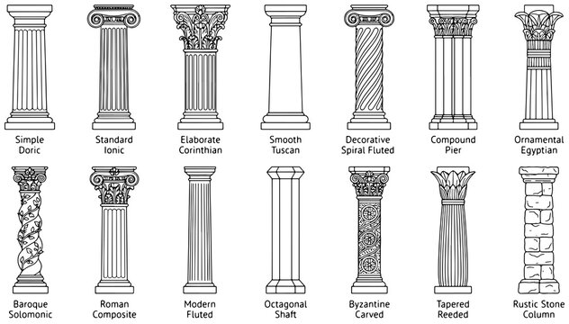Collection of various architectural column styles in a black and white line drawing