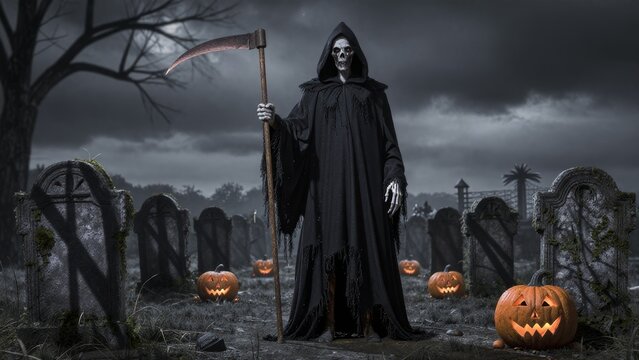 Grim Reaper Standing in Graveyard with Jack-o'-Lanterns at Dusk