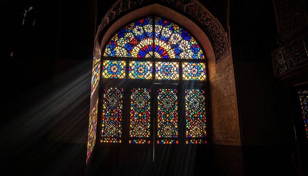 Intricate Stained-Glass Window with Sunlight Beams in Ancient Architectural Archway