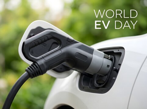 Electric car charging cable plugged into a vehicle for world ev day celebration event