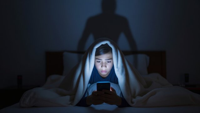 Child in Blanket Using Smartphone at Night with Shadowy Figure Behind