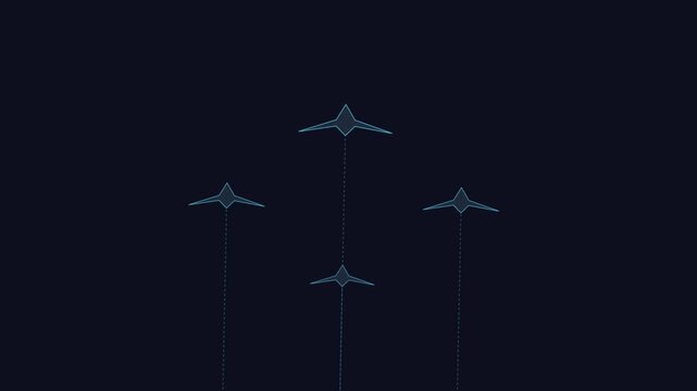 Tactical drone swarm flying in V formation with neon trail lines vector animation loop