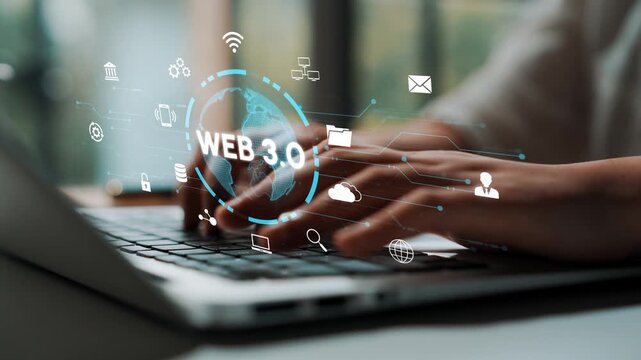 Person Typing on Laptop with Web 3.0 Graphics and Digital Icons Representing Technology Innovations and Online Connectivity. Entropy.